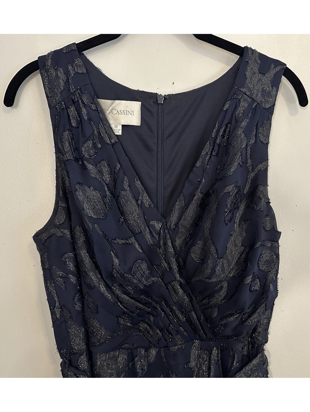 Oleg Cassini Navy Glittery Floral Faux Wrap Formal Mother Of The Bride Dress 10
